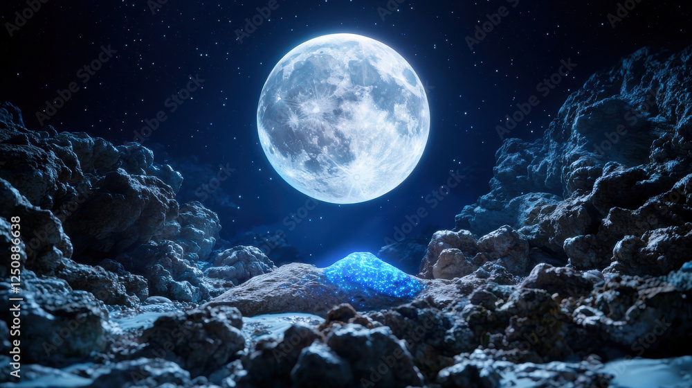 Fototapeta premium A luminous full moon illuminates a rocky landscape, highlighting a sparkling blue mound, creating a serene and mystical nighttime scene.