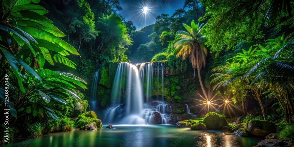St. Lucia's rainforest at night: long exposure captures lush greenery, cascading waterfalls, and vibrant tropical flora. St. Lucia's rainforest at night: long exposure captures lush greenery, cascading waterfalls, and vibrant tropical flora.
