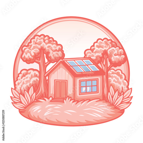 Create a bold, vector illustration of a sustainable, solar-powered house nestled within a lush green landscape.  Emphasize clean lines and vibrant colors.