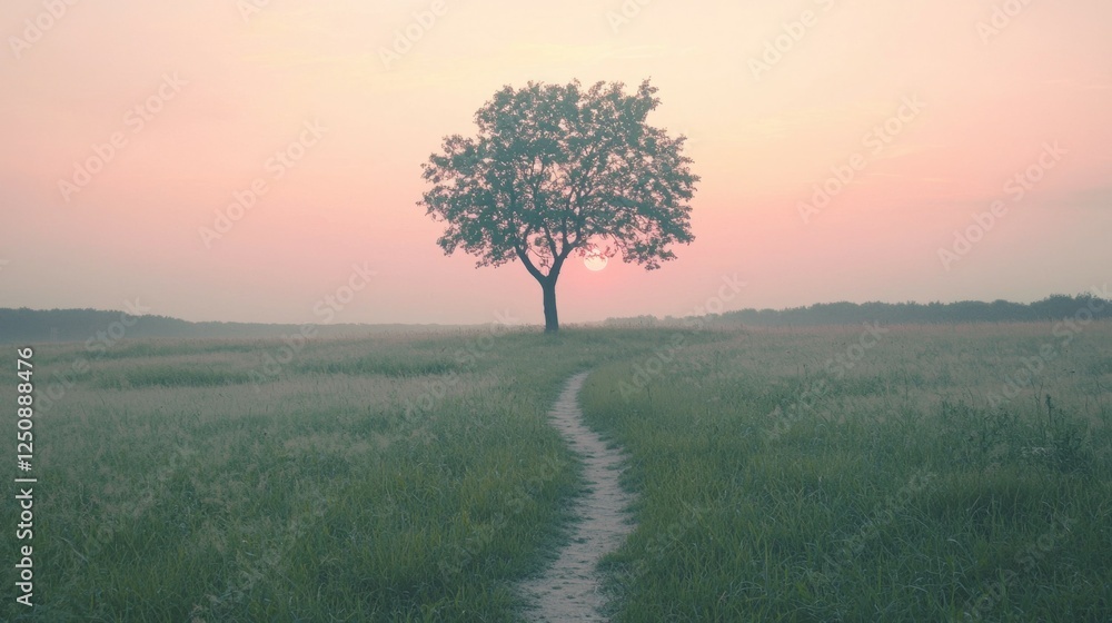Obraz premium Lonely Tree on a Pathway at Sunset in a Serene Landscape