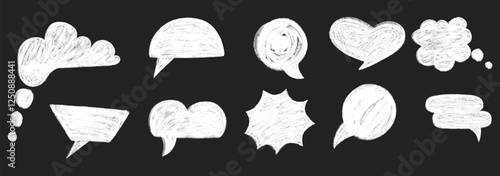 Vector set of speech bubbles with grunge texture. Hand drawn crayon doodle speech cloud bubble. Chalk texture sketch text talk cloud balloon frame background. Vector illustration