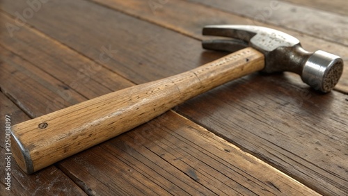 Hammer resting on wooden surface representing tools for construction and craftsmanship in a rustic style