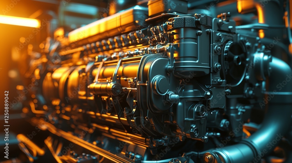 Industrial Engine Close-Up with Dynamic Lighting in Modern Setting Industrial Engine Close-Up with Dynamic Lighting in Modern Setting