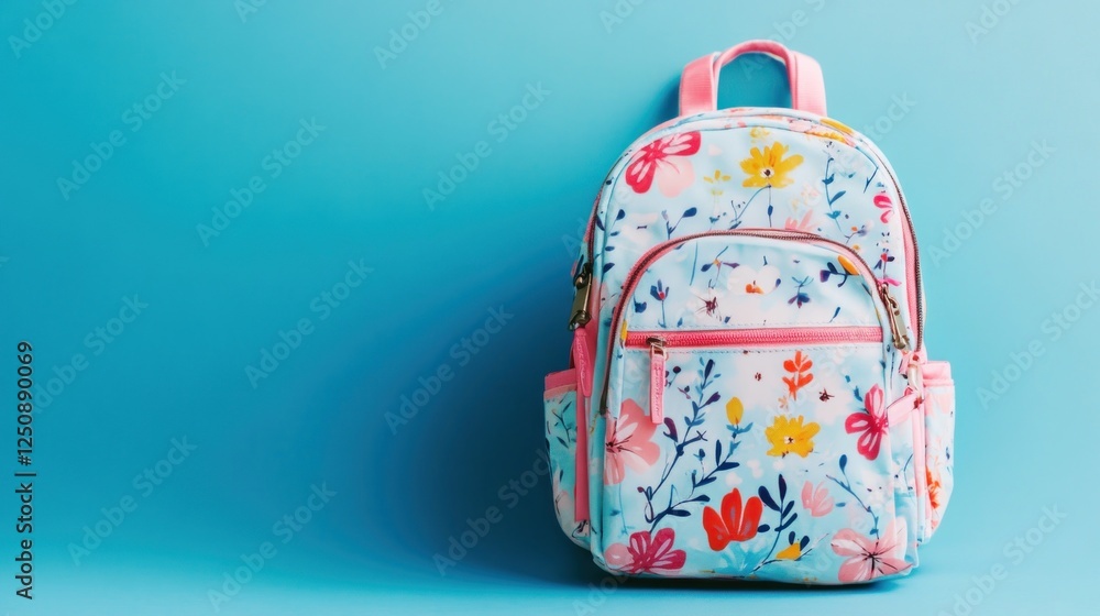 Floral backpack against blue background; back-to-school Floral backpack against blue background; back-to-school