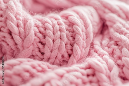 Close-up view of a pink knitted blanket with textured stitches