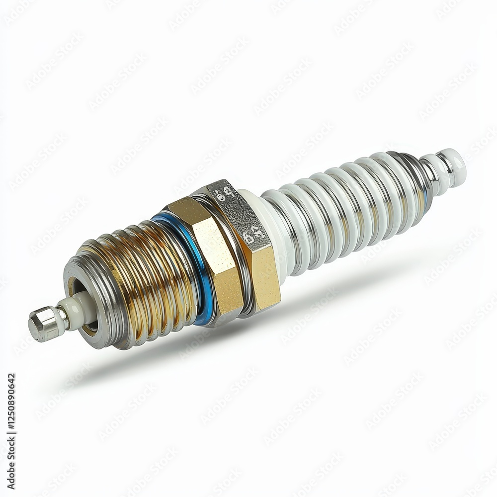 High-quality automotive spark plug on white background for mechanical and engine concepts High-quality automotive spark plug on white background for mechanical and engine concepts