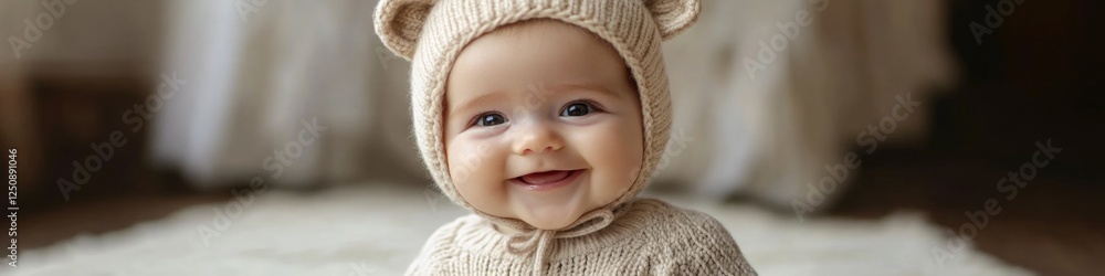 A happy baby wearing a cute bear hat, perfect for baby shower or nursery decor