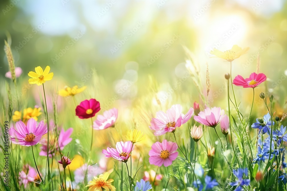 Sunlit Wildflowers and Golden Grass Blades in a Meadow . Sunlit Wildflowers and Golden Grass Blades in a Meadow .