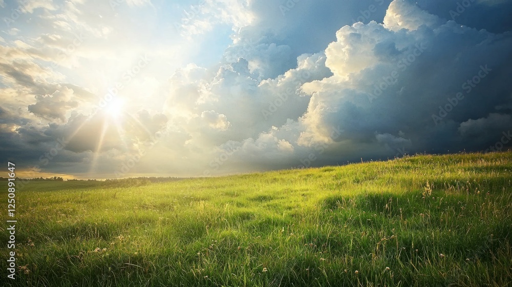 Majestic Sunrise Over Lush Green Field Under Dramatic Cloudy Sky Majestic Sunrise Over Lush Green Field Under Dramatic Cloudy Sky