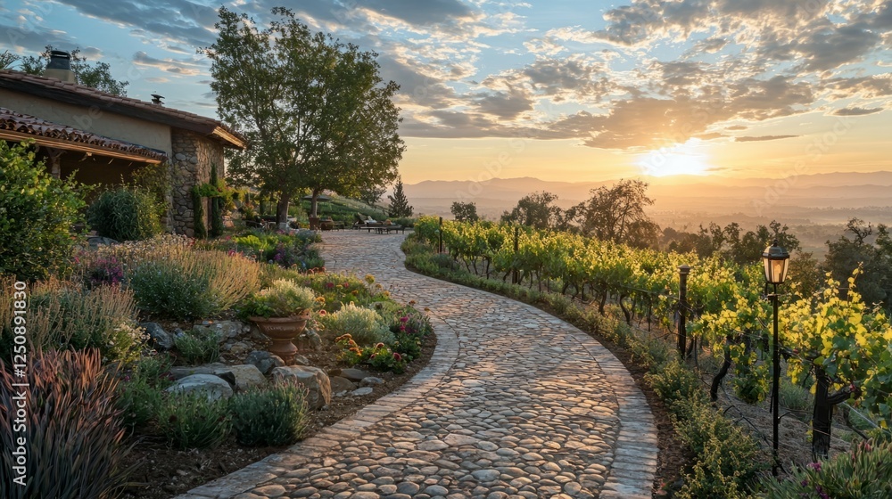 Obraz premium Serene Sunset Over Vineyard Pathway in Tranquil Countryside
