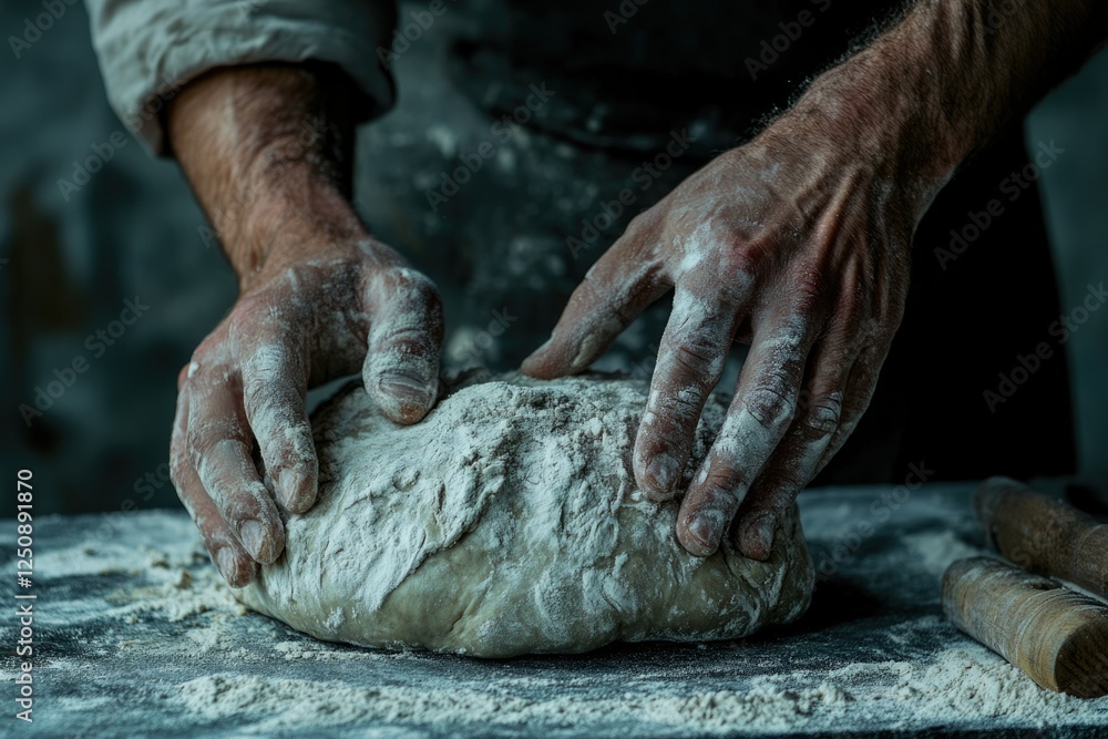 Close-up of baker's hands shaping a dough ball, covered in flour, rustic setting.