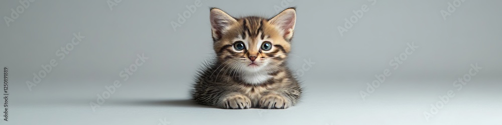 Curious Tabby Kitten Sitting Upright on White Seamless Background, Adorable Pet Photography Curious Tabby Kitten Sitting Upright on White Seamless Background, Adorable Pet Photography