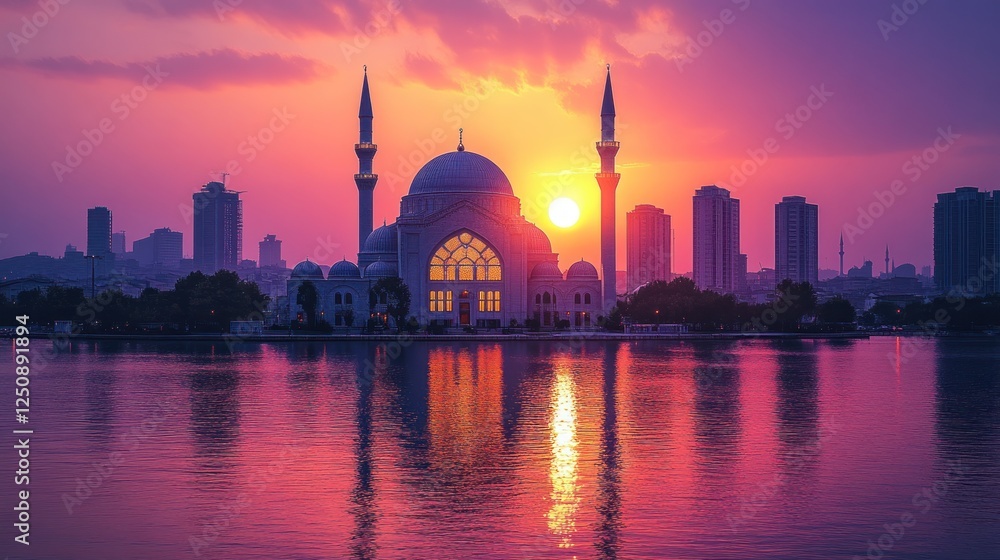 Naklejka premium Sunset Mosque Cityscape Reflection Serenity