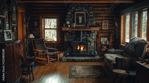 Wallpaper Mural Cozy rustic cabin living room with stone fireplace and warm decor Torontodigital.ca