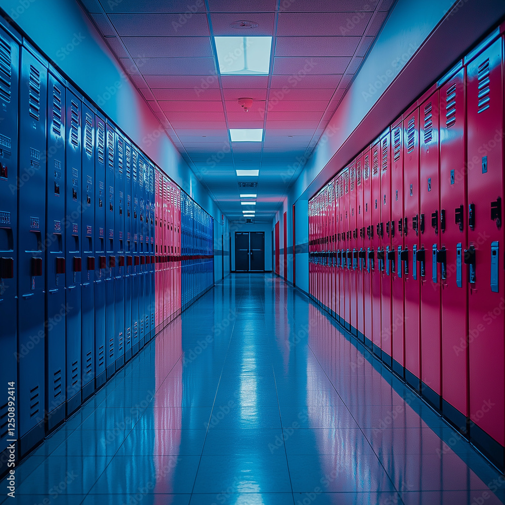 Fototapeta premium Vibrant School Lockers in a Bright Hallway