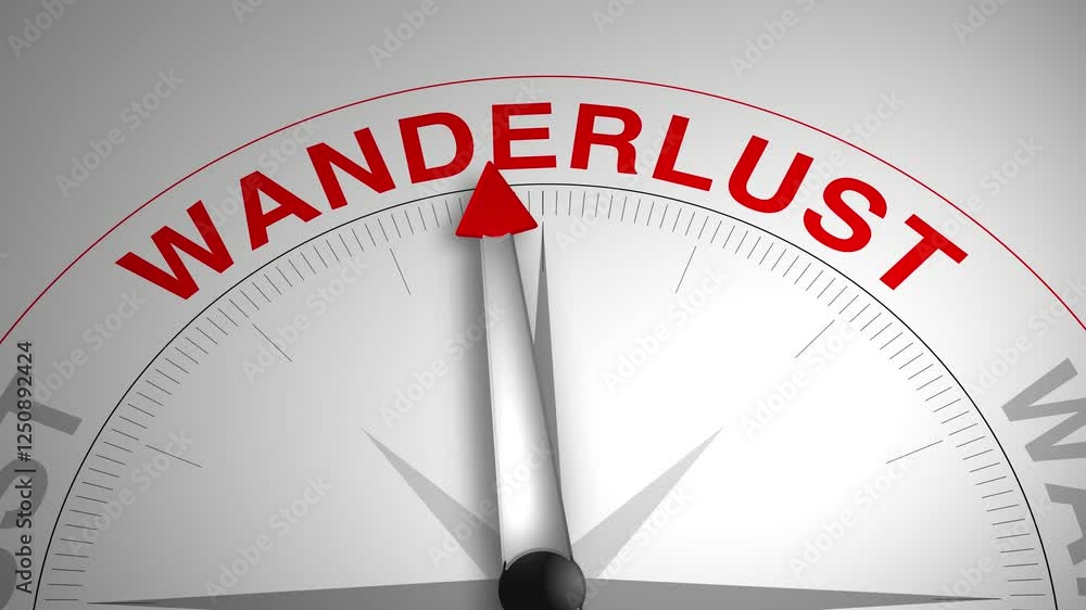 Wanderlust text or word with a gauge arrow on a compass, representing guidance and direction on a clean white background. Ideal for business, coaching, consulting, and self-improvement concept Wanderlust text or word with a gauge arrow on a compass, representing guidance and direction on a clean white background. Ideal for business, coaching, consulting, and self-improvement concept