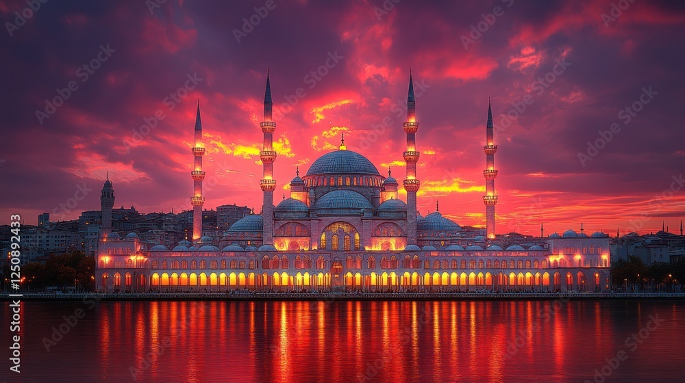 Naklejka premium Sunset Mosque Cityscape Reflection Travel