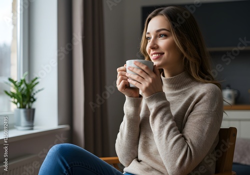 Young adult smiling pretty woman sitting on chair holding cup drinking tea or coffee relaxing at home. Happy calm lady enjoying hot drink with mug in hands in cold cozy morning. Generative AI photo