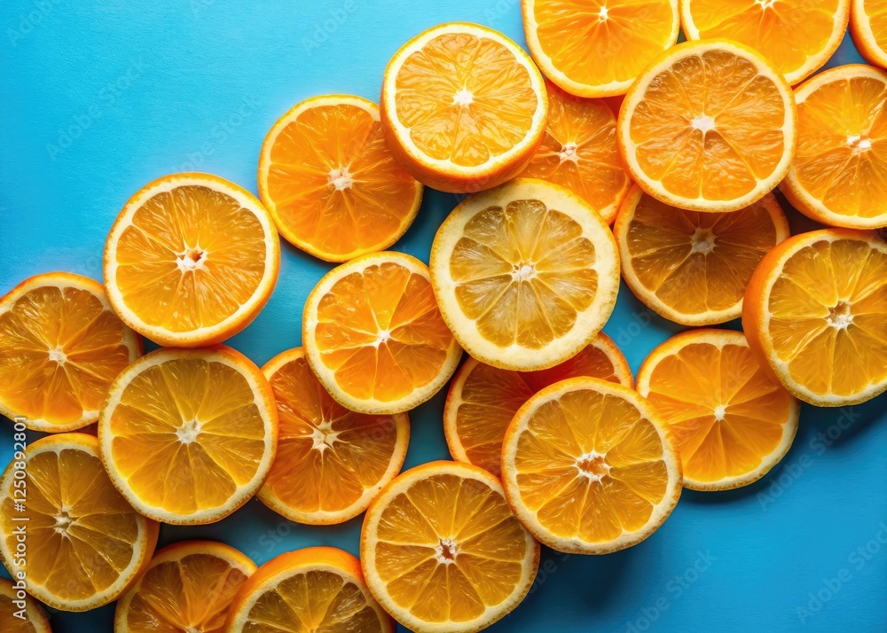 Vibrant orange slices pop against a blue backdrop in this modern, artistic food print. Vibrant orange slices pop against a blue backdrop in this modern, artistic food print.