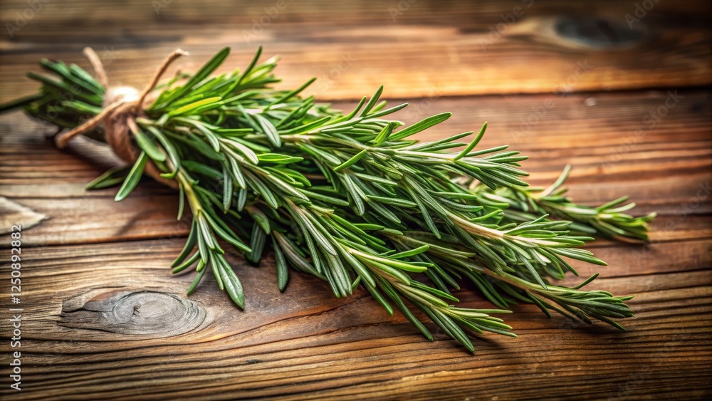 Fresh Green Rosemary Herbs Bundle on Rustic Wooden Background Fresh Green Rosemary Herbs Bundle on Rustic Wooden Background