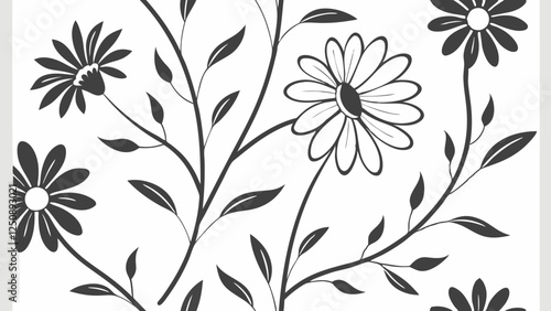 A minimalist floral pattern with simple daisy silhouettes and subtle leaf accents