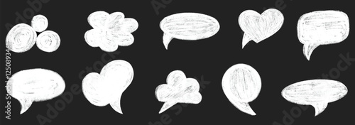 Vector set of speech bubbles with grunge texture. Hand drawn crayon doodle speech cloud bubble. Chalk texture sketch text talk cloud balloon frame background. Vector illustration