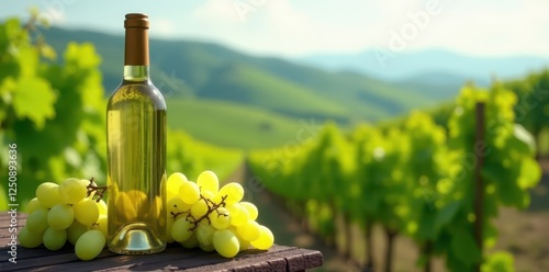 Chilled Sauvignon Blanc, green grapes, rolling hills , scene, still life, food photography photo