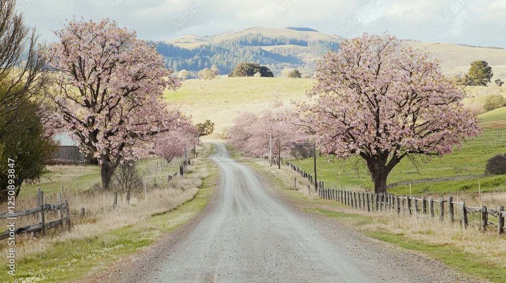 Serene Dirt Road Surrounded by Blooming Pink Cherry Blossom Trees Serene Dirt Road Surrounded by Blooming Pink Cherry Blossom Trees