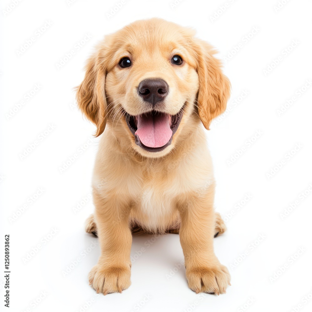 Adorable golden retriever puppy sitting and smiling happily on a white background with bright eyes and fluffy fur Adorable golden retriever puppy sitting and smiling happily on a white background with bright eyes and fluffy fur