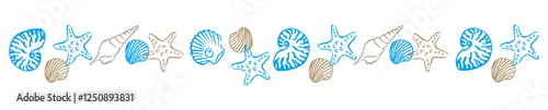 Vector border with seashells, frame of line art tropical sea elements, seashells, starfish