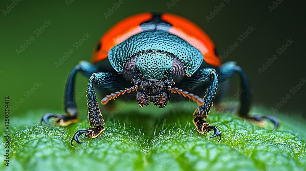 Naklejka premium Red-blue beetle on green leaf, macro shot