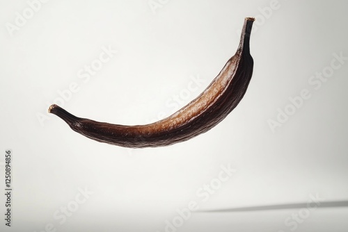 A single banana suspended in the air against a white background, great for food or product photography photo