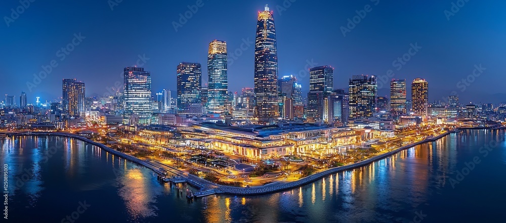 Fototapeta premium Night cityscape skyline illuminated buildings
