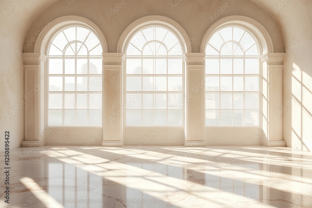 Sunlit Interior with Arched Windows and Marble Floor . Sunlit Interior with Arched Windows and Marble Floor .