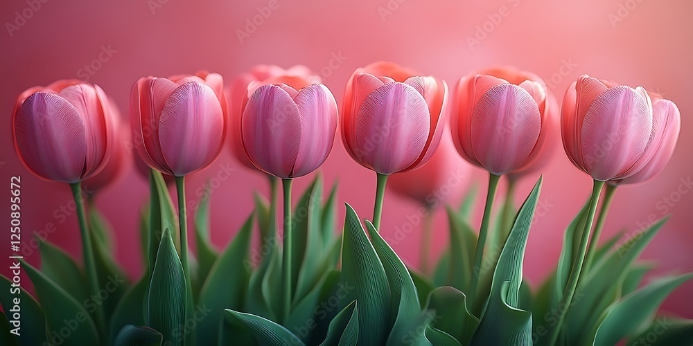 Fototapeta premium Row of Pink Tulips with Green Leaves Against a Soft Pink Background