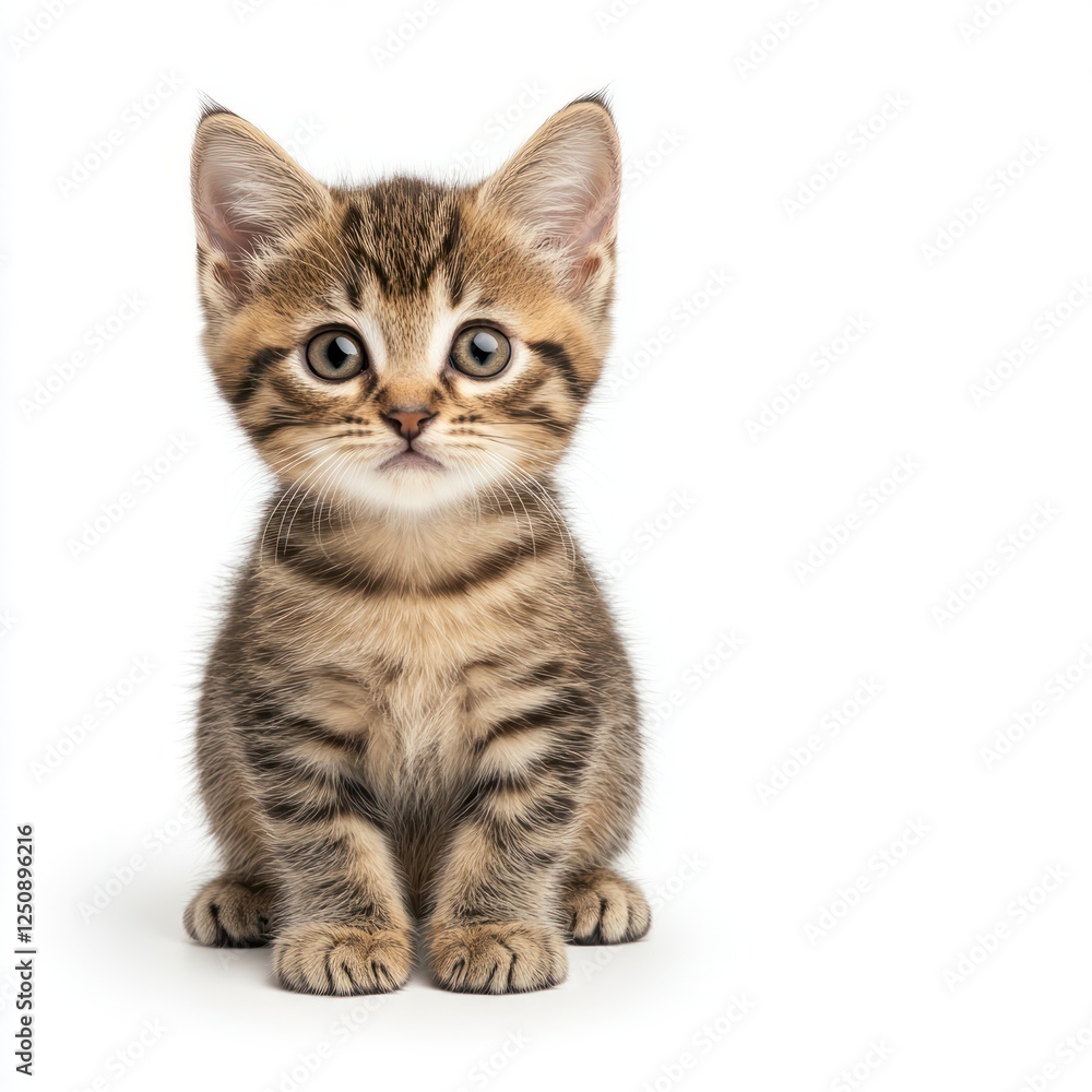 Cute playfully curious tabby kitten sitting on white background with bright expressive eyes and soft fur Cute playfully curious tabby kitten sitting on white background with bright expressive eyes and soft fur