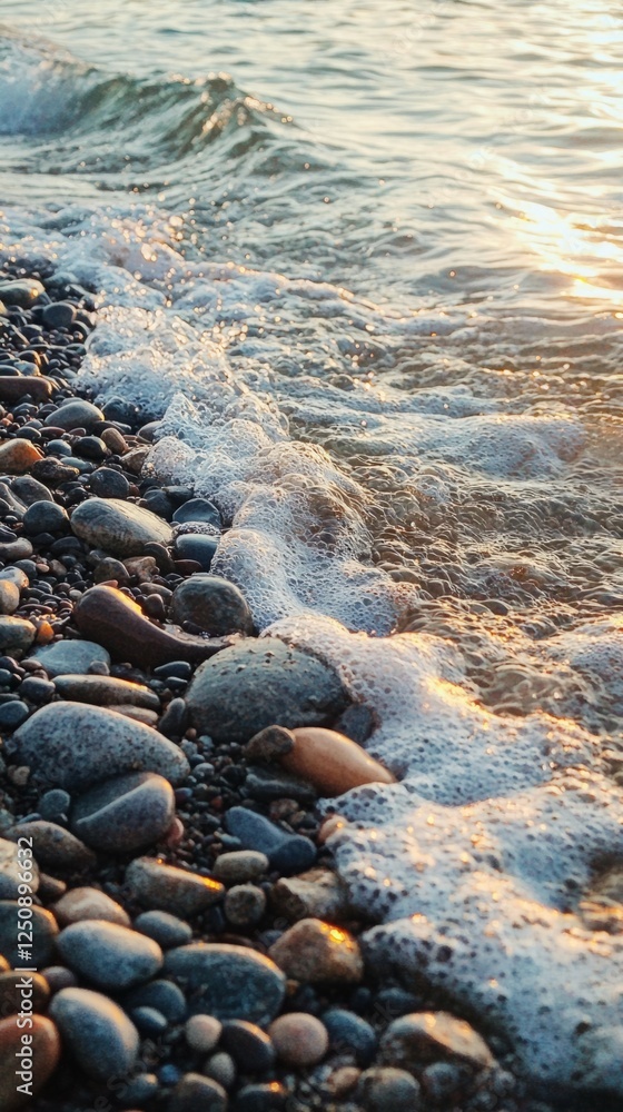 Gentle Waves Lapping on Pebble Beach at Sunset Lighting Up Rocks Gentle Waves Lapping on Pebble Beach at Sunset Lighting Up Rocks