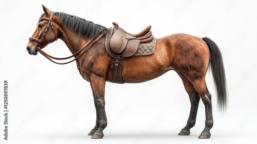 Obraz premium Brown Horse with Saddle Against White Background
