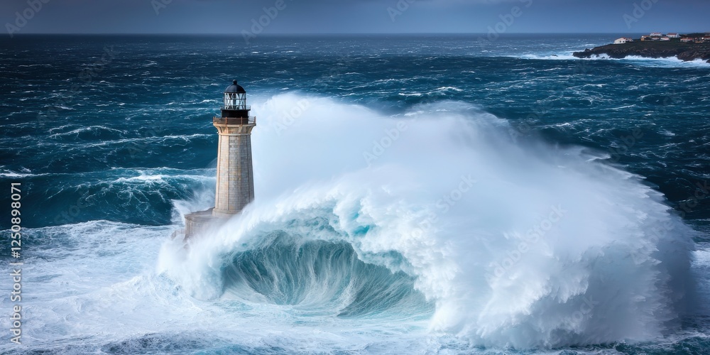 A dramatic lighthouse stands resilient against crashing waves, showcasing the power and beauty of nature during a stormy sea. A dramatic lighthouse stands resilient against crashing waves, showcasing the power and beauty of nature during a stormy sea.