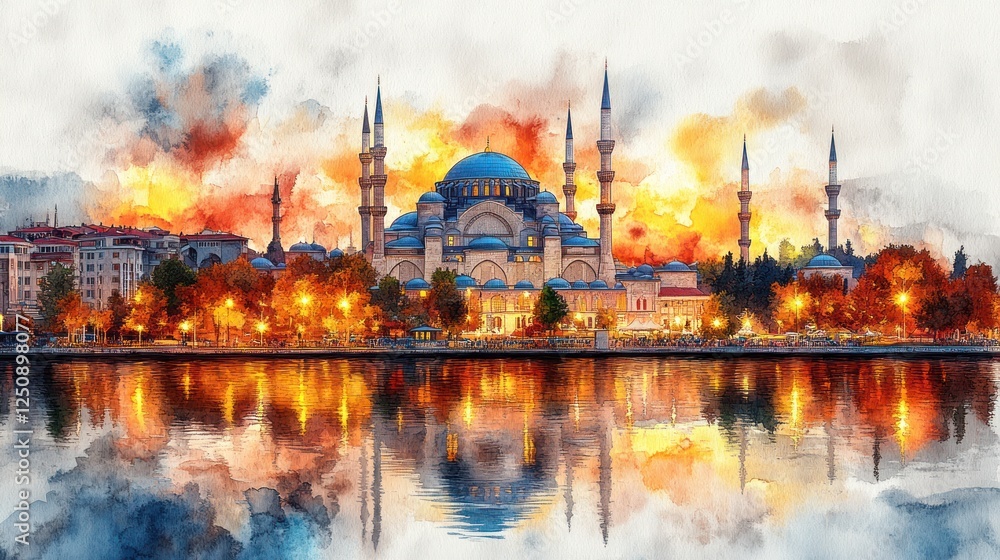 Fototapeta premium Sunset Mosque Waterfront Cityscape Painting