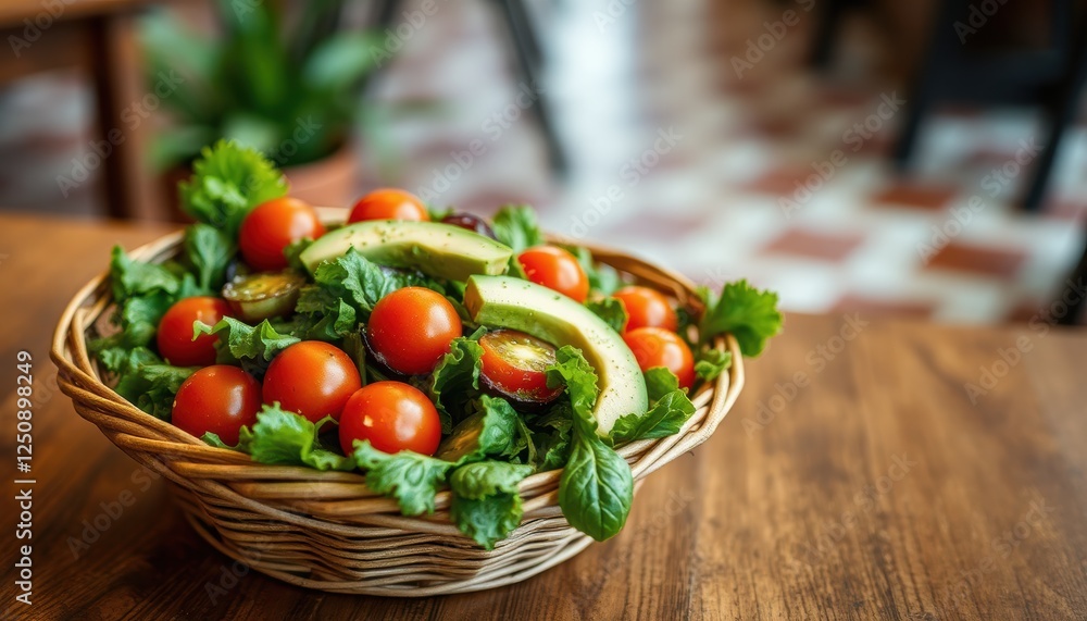 Avocado and tomato salad, in a wicker plate on a wooden table Avocado and tomato salad, in a wicker plate on a wooden table