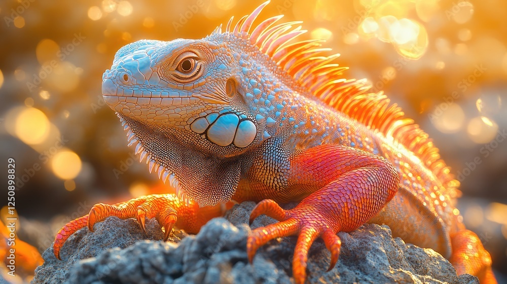 Fototapeta premium A colorful iguana basking on a rock in the bright sunlight