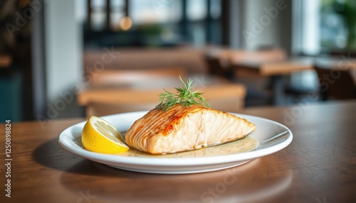 Pate of seared salmon with lemon-dill sauce, arranged elegantly on white ceramic plate, with cafes minimalist interior reflected in background