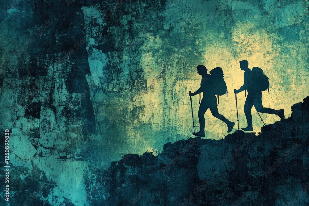 Obraz premium Two hikers with backpacks ascend a rugged mountain path, their silhouettes stark against a textured backdrop.