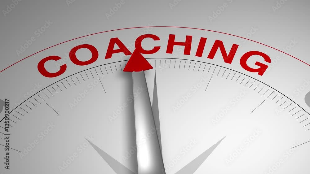 Coaching text or word with a gauge arrow on a compass, representing guidance and direction on a clean white background. Ideal for business, coaching, consulting, and self-improvement concept Coaching text or word with a gauge arrow on a compass, representing guidance and direction on a clean white background. Ideal for business, coaching, consulting, and self-improvement concept