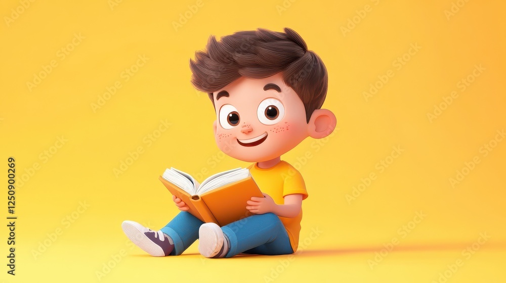 A cheerful cartoon boy sitting and reading a book, showcasing a love for stories and adventure. A cheerful cartoon boy sitting and reading a book, showcasing a love for stories and adventure.