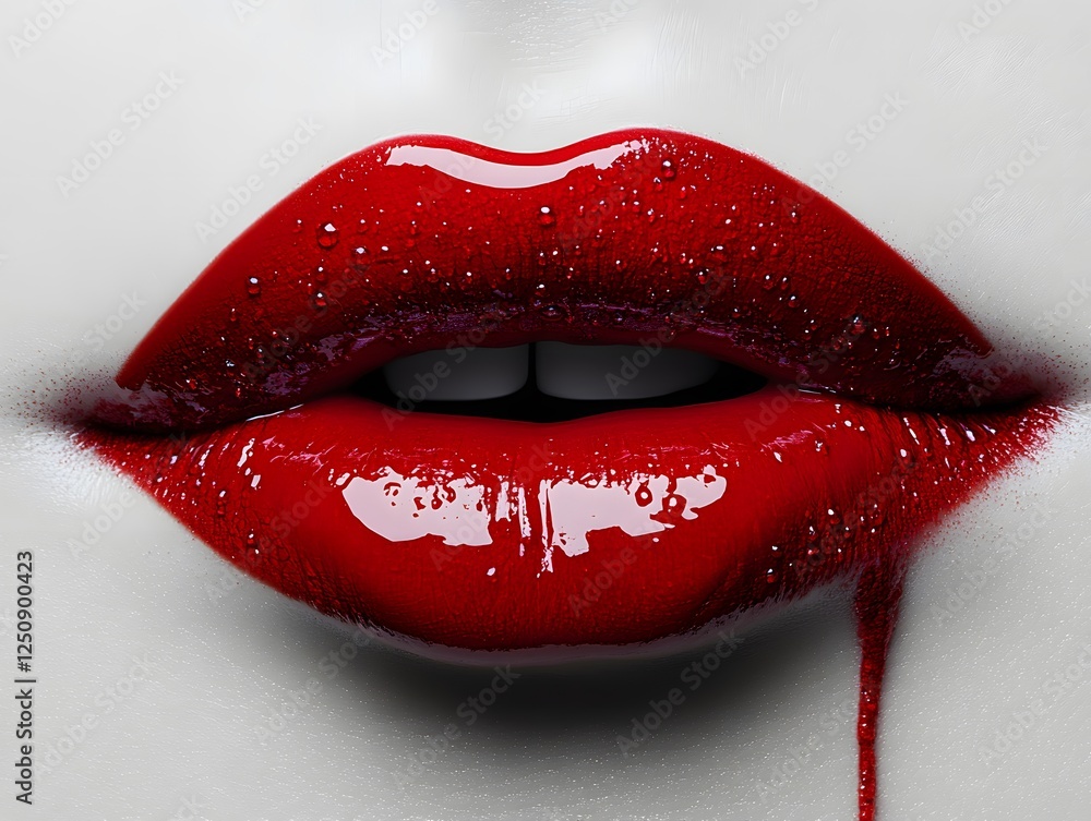 Obraz premium Glossy Red Lips on a clean white background and Close-Up Detail