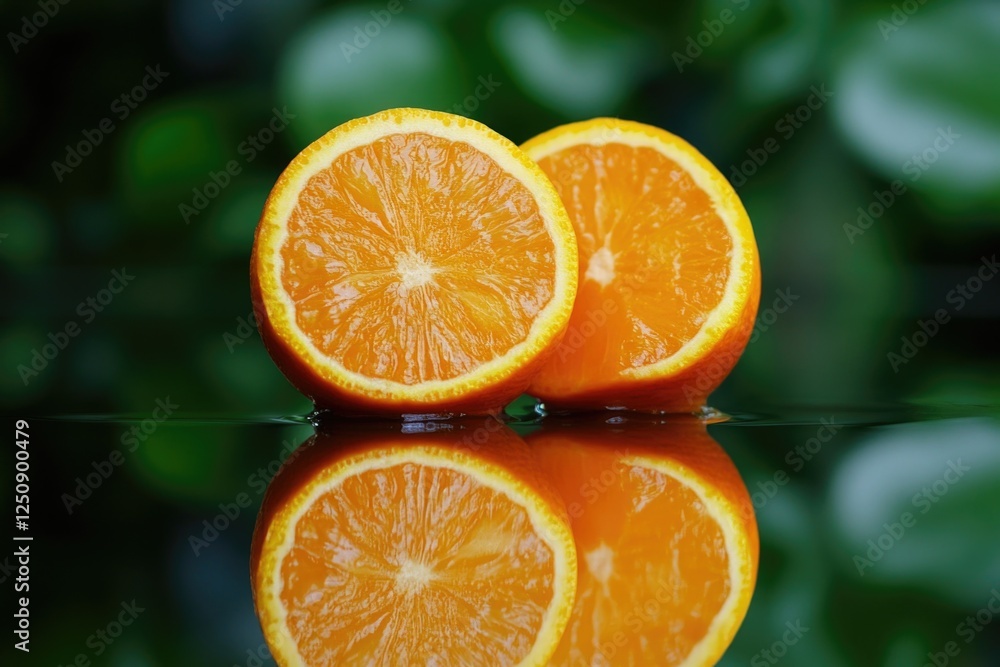 Fresh oranges perched on a sleek glass surface Fresh oranges perched on a sleek glass surface