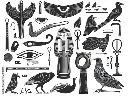 An illustration featuring various Egyptian hieroglyphs arranged in a random, artistic layout photo