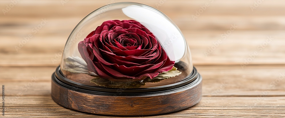 Preserved Rose in Glass Dome on Wooden Surface Preserved Rose in Glass Dome on Wooden Surface